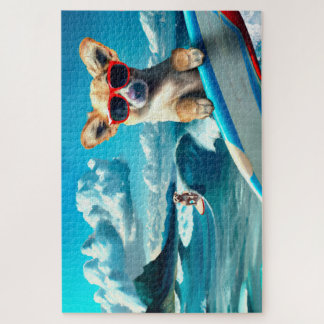 Hond op Surfboard Wearing Sunbril AI Art Legpuzzel