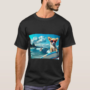 Hond op Surfboard Wearing Sunbril AI Art T-shirt