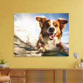 Hond op surfplank canvas afdruk (Insitu (Woonkamer))