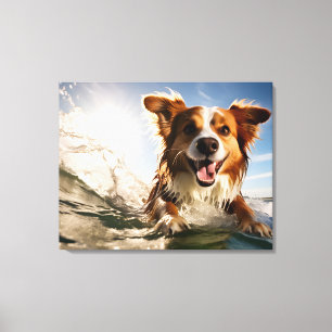 Hond op surfplank canvas afdruk