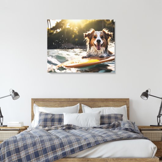 Hond op surfplank canvas afdruk (Insitu (Slaapkamer))