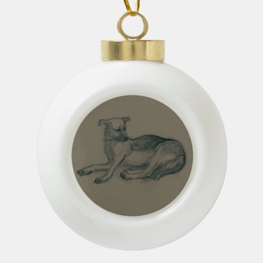 Hond. Potloodtekening. Keramische Bal Ornament (Voorkant)