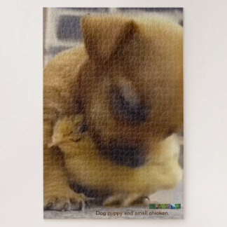 Hond puppy en kleine kip puzzel. legpuzzel