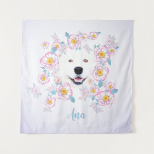 Hond Samojeed en roze bloemen, aangepaste naam Wandkleed