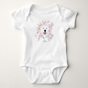 Hond Samoyed en roze bloemen, aangepaste naam Romper
