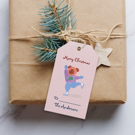 Hond Schaatsen Blush Roze Kerstmis Cadeaulabel