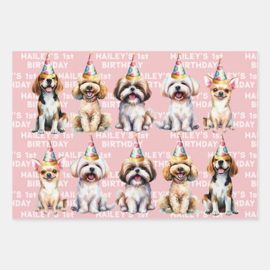 Hond thema verjaardagsfeestje roze inpakpapier vel (Voorkant)