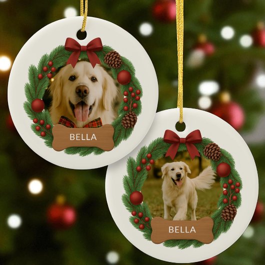 Hond Vakantie Kerstfoto Aangepaste Naam Krans Keramisch Ornament