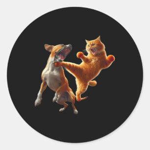 Hond vs Kat Kick Boksen Vechten Grappige Kat Joke Ronde Sticker
