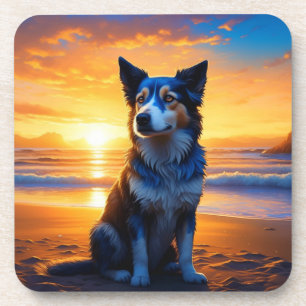Hond zit op Ocean Beach bij zonsondergang Bier Onderzetter