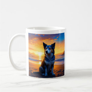 Hond zittend op Ocean Beach bij zonsondergang met Koffiemok