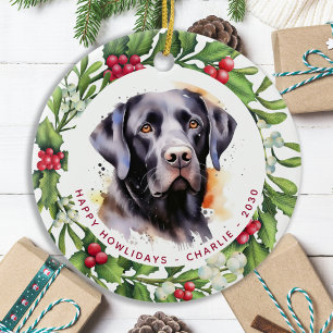 Hond zwart labrador gepersonaliseerde krans kerst keramisch ornament