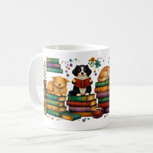 Honden die boeken lezen, gezellige bibliotheek scè koffiemok