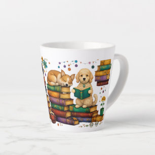 Honden die boeken lezen, gezellige bibliotheek scè latte mok