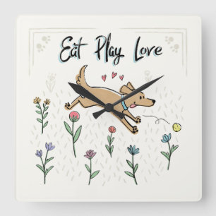 Honden in de tuin II Eat Play Love Vierkante Klok