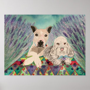 Honden met quilt in lavender field poster