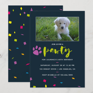 Honden- of puppyverjaardagsfoto confetti uitnodigi kaart