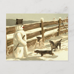 Honden ontmoeten sneeuwman bij het hek, klassieke briefkaart