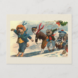 "Honden op ijs" Vintage-kerstBriefkaart Feestdagenkaart