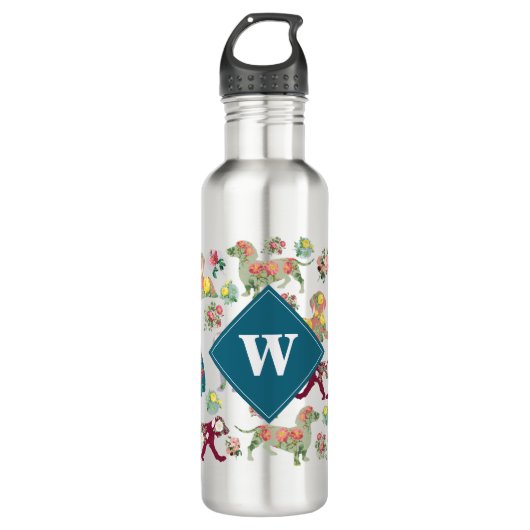 Honden Patroon &  Flowers Monogram Waterfles (Voorkant)