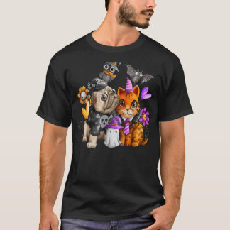Honden Pugs en Lieve Kat Halloween Kat Hond T-shir T-shirt