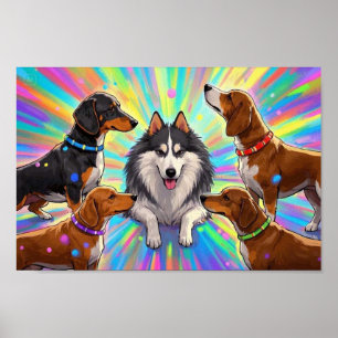Honden Puppies met regenboog achtergrond Poster
