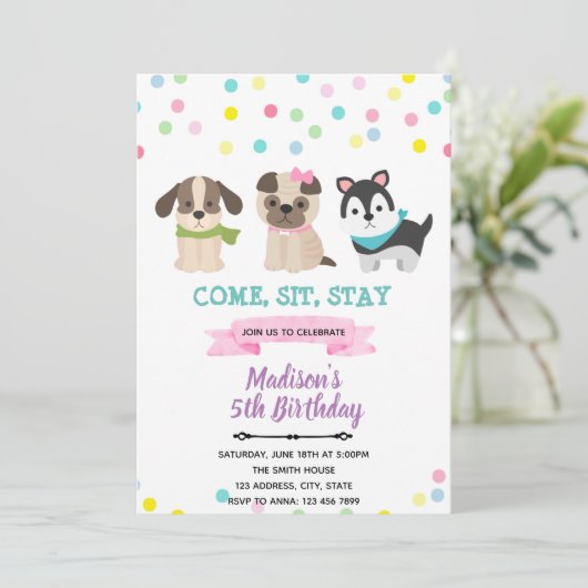 Honden Puppies Verjaardagsuitnodiging Kaart (Staand voorkant)