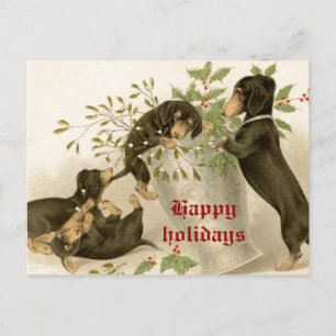 Honden spelen met Kerstmis maretak & heilige bes Feestdagenkaart