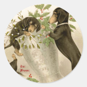Honden spelen met Kerstmis maretak & heilige bes Ronde Sticker