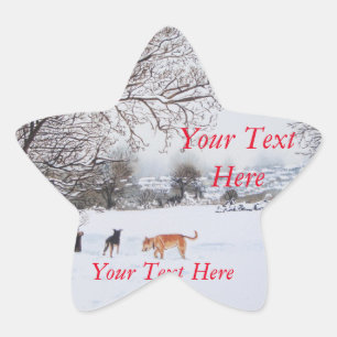 Honden spelen Sneeuwscène Originele Landschapskuns Ster Sticker
