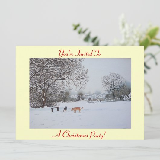 Honden spelen winter sneeuwscène kerstfeest kaart (Staand voorkant)
