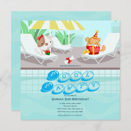 Honden Teal Pool Party Verjaardagsuitnodiging Kaart (Voorkant / Achterkant)