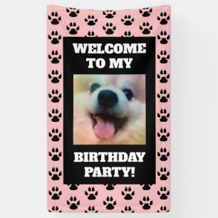 Honden Verjaardagsfeestfoto Roze Zwart Paw Prints Spandoek