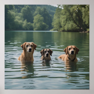 Hondenfamilie Zwemmen in het meer - rustige Natuur Poster