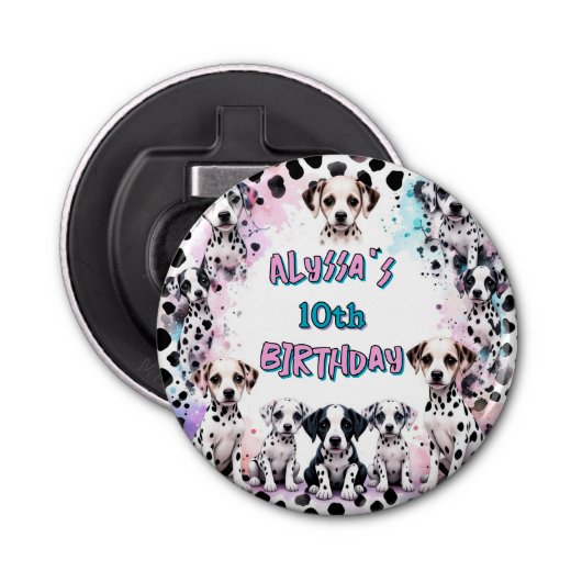 Hondenfeest Kleurrijke Dalmatische Puppies Verjaar Button Flesopener (Voorkant)