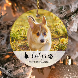 Hondenfoto eerste kerstbal op maat keramisch ornament