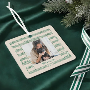 Hondenfoto Eerste Kerstwoof Woof Bladmuziek Metalen Ornament