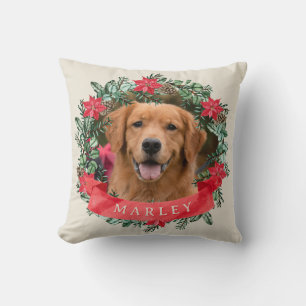 Hondenfoto en naam Poinsettia Krans Kerstmis Plaid Kussen