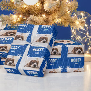Hondenfoto Sneeuwvlokken Blauw Huisdier Naam Kerst Cadeaupapier