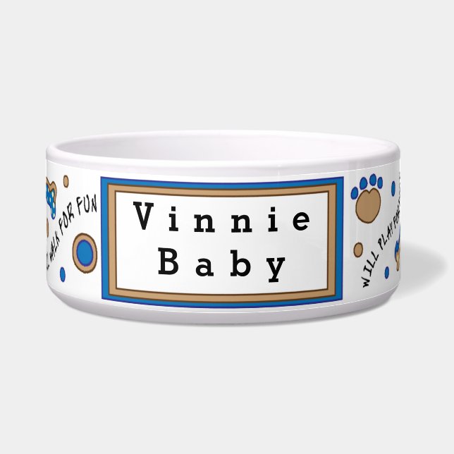 Hondenmand Blauw Groot "Zal Spelen voor Eten" Voerbakje (Voorkant)