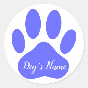 Hondenpootafdruk met aangepaste naam blauw ronde sticker