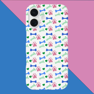 Hondenpootbotten Harten Woof Patroon Roze Groen Bl iPhone 16 Hoesje