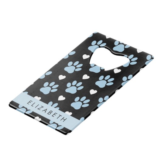 Hondenpoten, blauwe poten, witte harten, Jouw naam Kredietkaart Flessenopener (Voorkant Gekanteld)