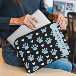 Hondenpoten, blauwe poten, witte harten, Jouw naam Laptop Sleeve
