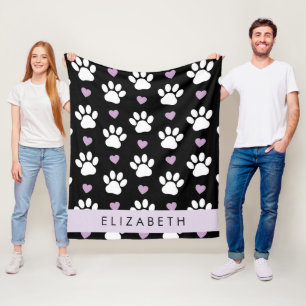 Hondenpoten, witte poten, Lila harten, Jouw naam Fleece Deken