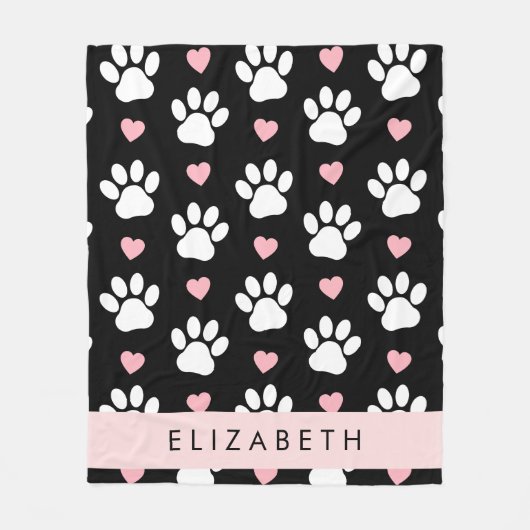Hondenpoten, witte poten, roze harten, Jouw naam Fleece Deken (Voorkant)