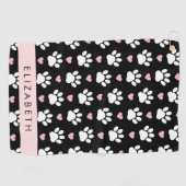 Hondenpoten, witte poten, roze harten, Jouw naam Golfhanddoek (Horizontaal)