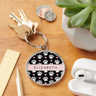 Hondenpoten, witte poten, roze harten, Jouw naam Sleutelhanger