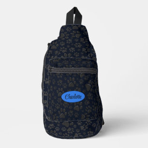 Hondenpoten zwart en wit Polka Dot op donkerblauw Sling Bag