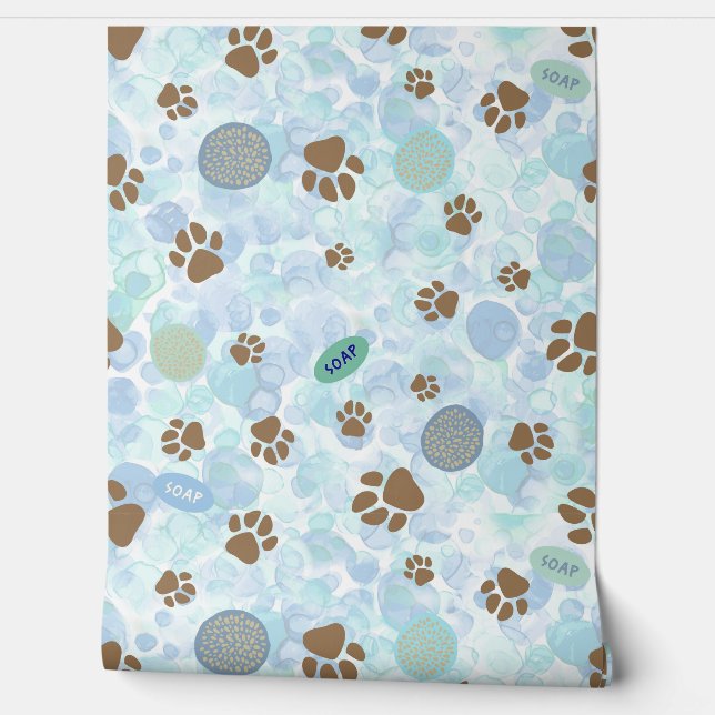 Hondenwas in bubbelbad zeep en spons behang (Afrollen)